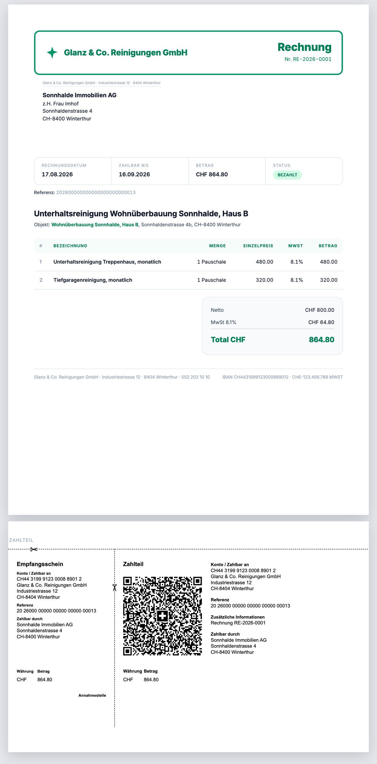 Rechnung von Glanz & Co. an Sonnhalde Immobilien AG mit Positionen, MWST und Schweizer QR-Zahlteil