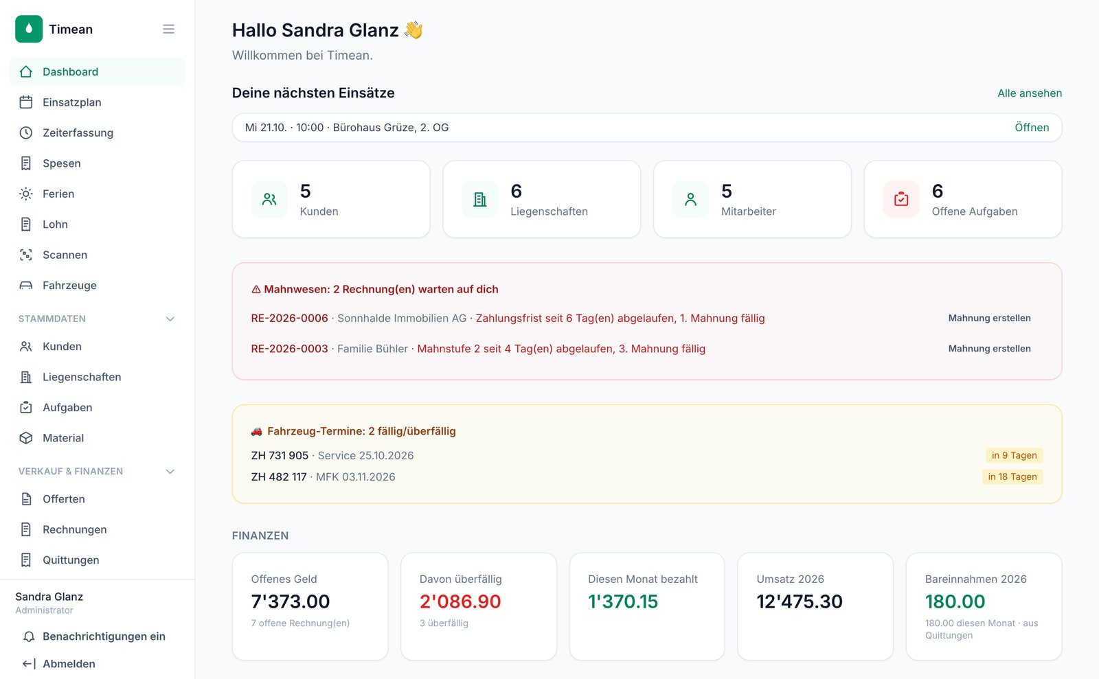 Dashboard mit fälligen Mahnungen, Fahrzeugterminen und Finanzzahlen
