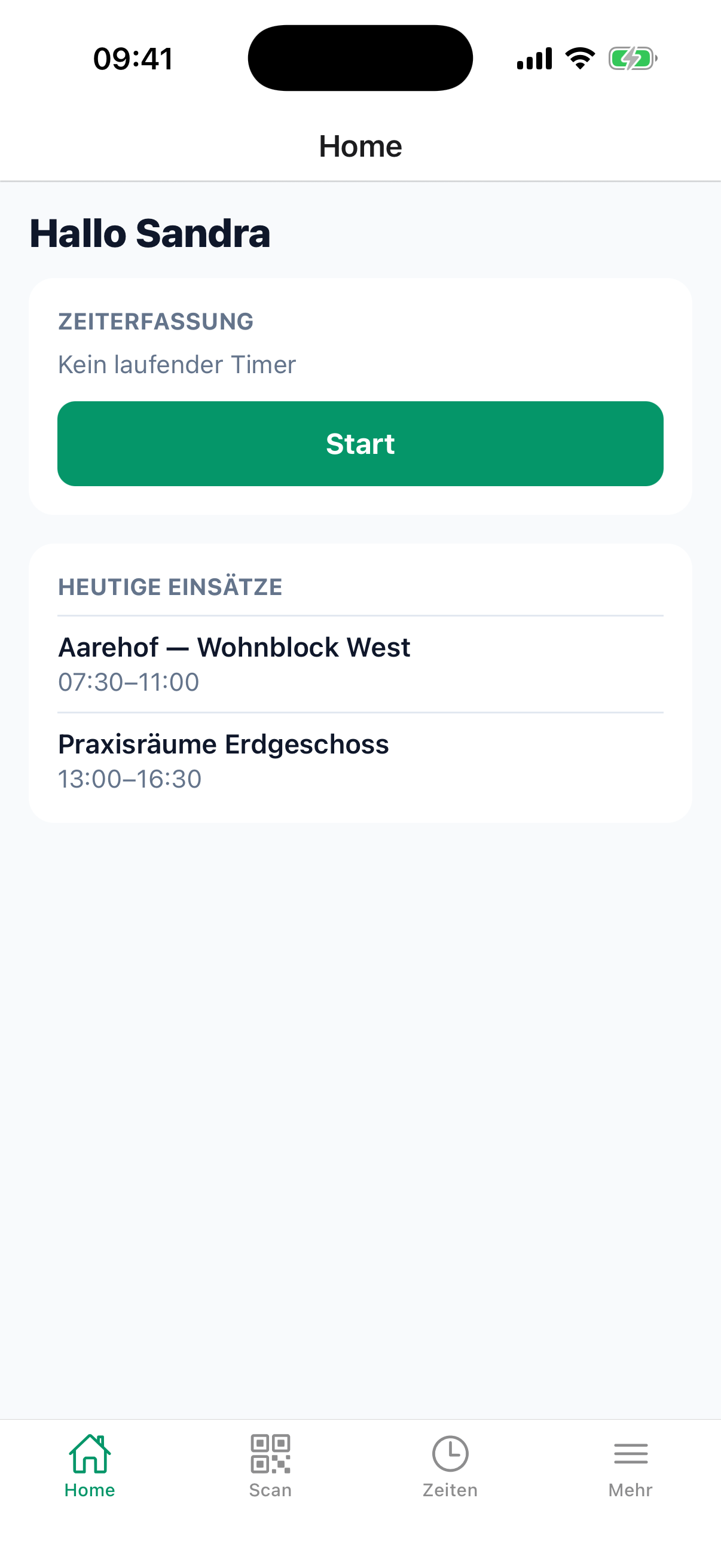 Timean-App auf dem iPhone: Zeiterfassung und heutige Einsätze