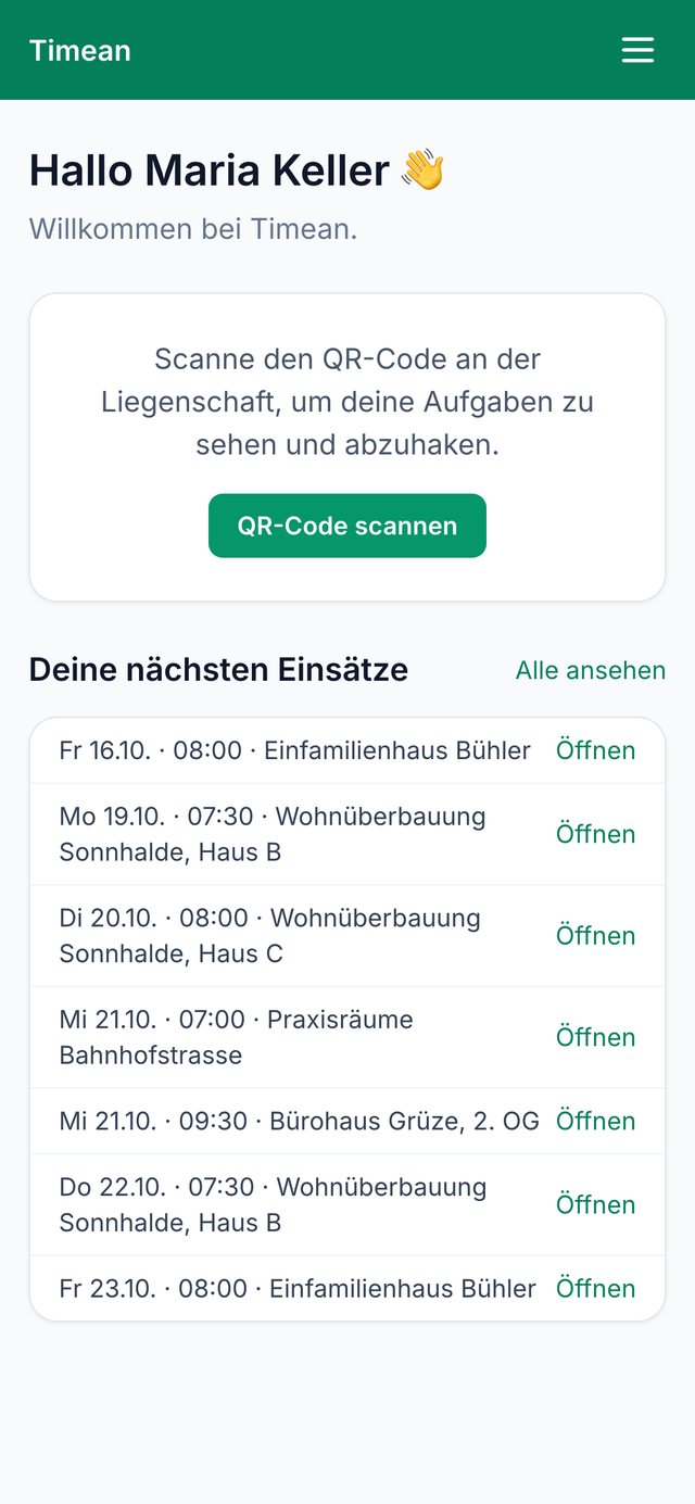 Startseite der Mitarbeiterin mit ihren Einsätzen und dem Knopf QR-Code scannen